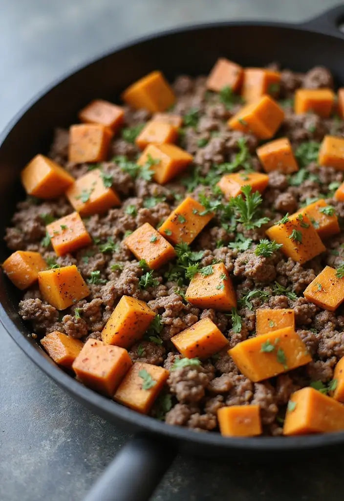 25 Easy Gluten Free Dairy Free Ground Beef Recipes For Dinner - 4. Beef and Sweet Potato Skillet