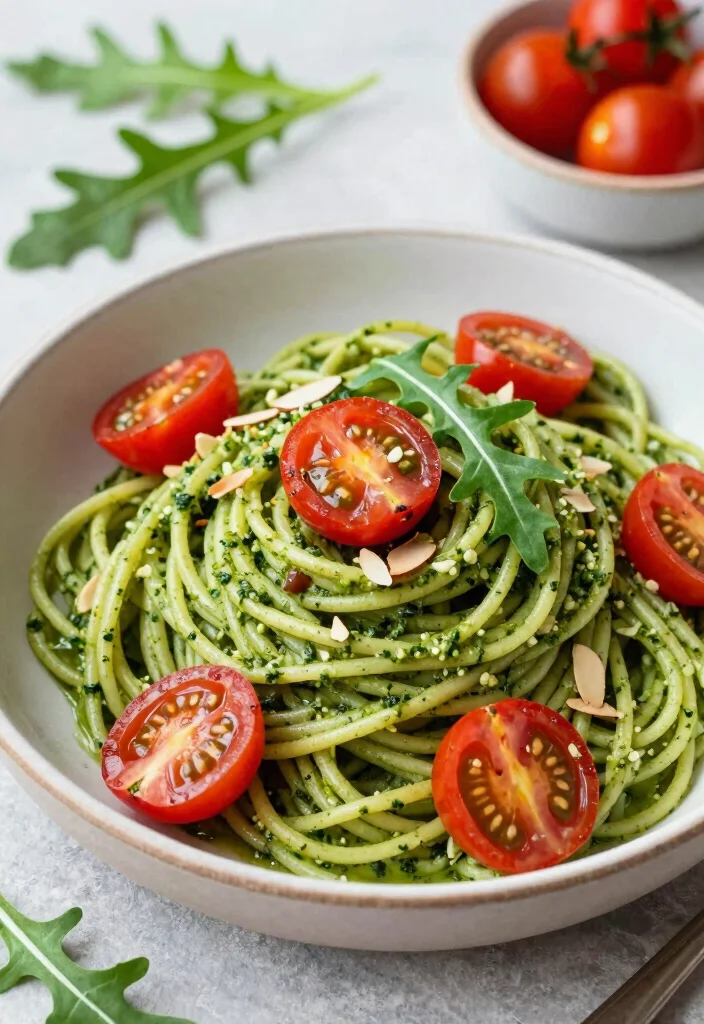 12 Vegan Pesto Pasta Recipes for Fresh Plant-Based Flavor - 6. Arugula Pesto Pasta with Cherry Tomatoes 1